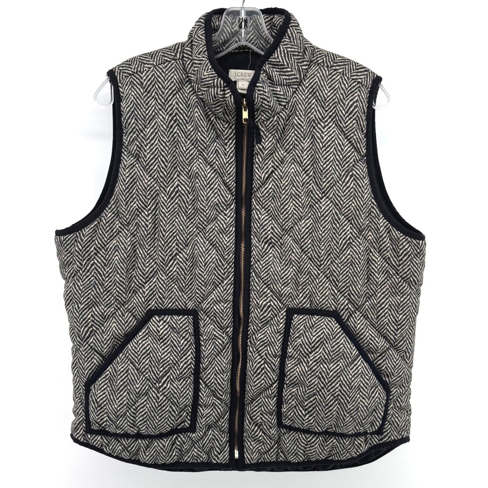 J.Crew Excursion Quilted Vest Womens XL Black White Herringbone Full Zip Puffer